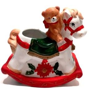 Rocking Horse Bear Rider Planter 6" Tall Whimsical Poinsettia Vintage Christmas